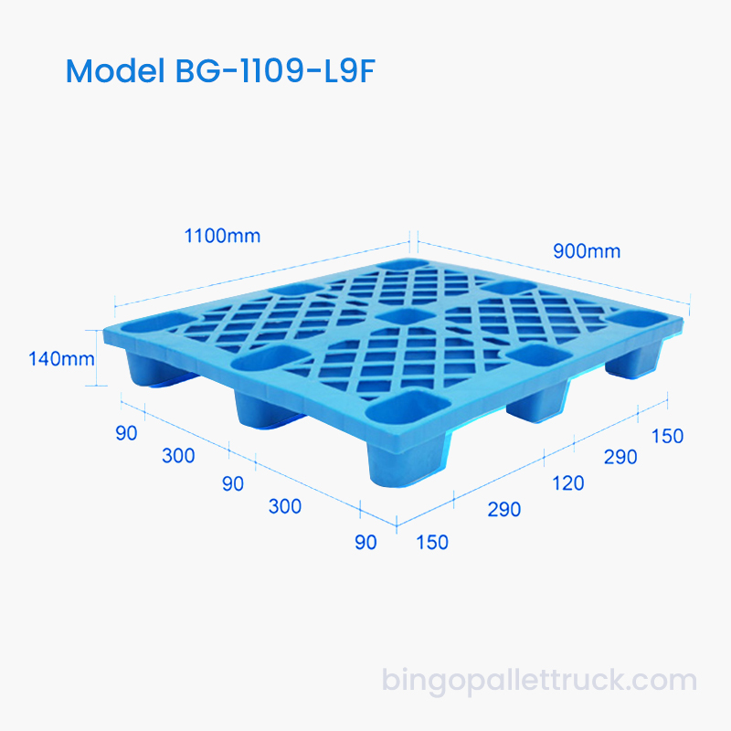 Palet din plastic HDPE de 1100 × 900 mm, rezistent la sarcină ușoară, de nouă picioare, pentru manipularea materialelor