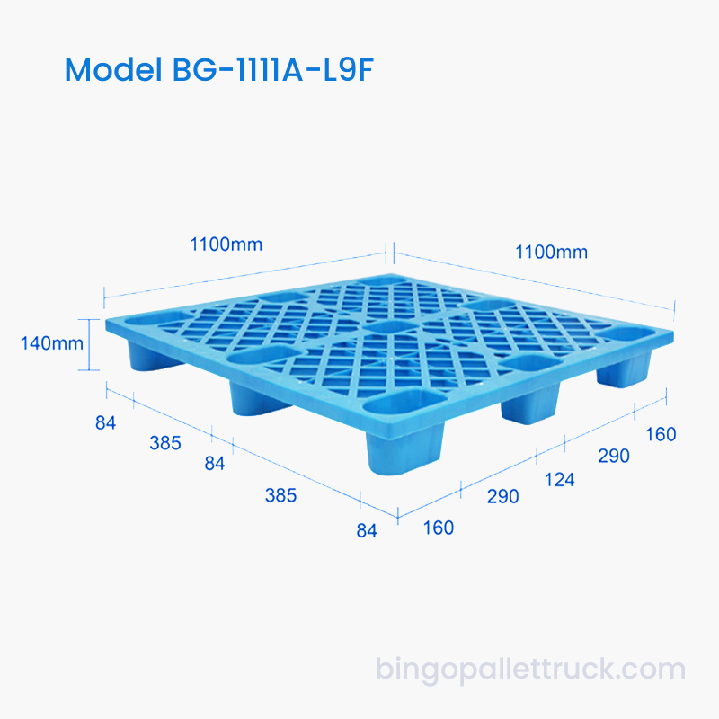 Palet din plastic cu 9 picioare, 1100x1100 mm, cu intrare în 4 căi pentru cric pentru paleți