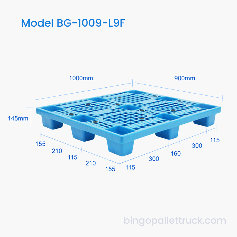 Palet din plastic cu o singură față de 1000x900 mm, cu grilă și 9 picioare