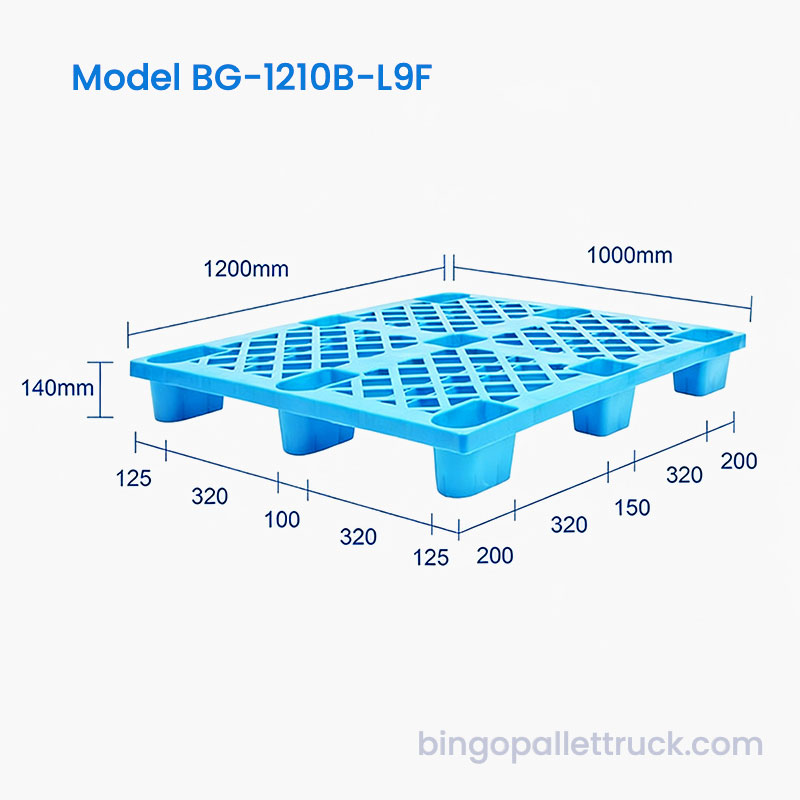 Palet din plastic de 1200x1000mm, ușor de 9 picioare, pentru depozitare cu amănuntul