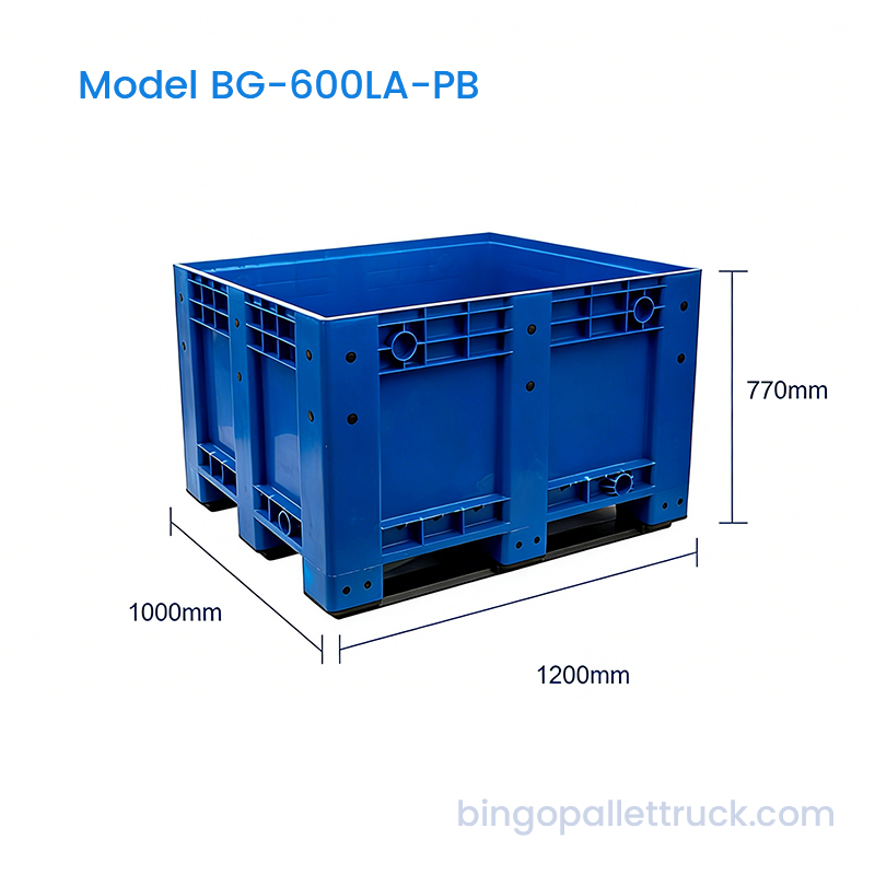 Container pentru paleți din plastic solid de 600 L pentru manipularea materialelor în vrac